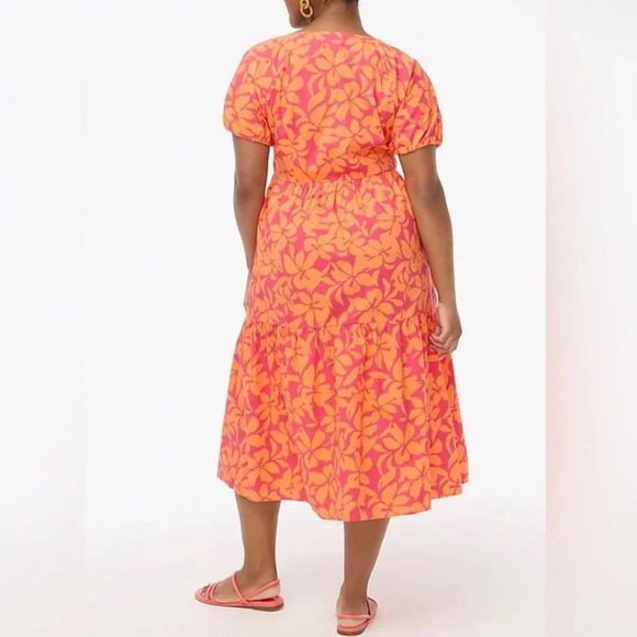 J. Crew Factory Orange Pink Floral Tiered Midi Dress Puff Sleeves V-Neck Size 0 - Picture 14 of 16